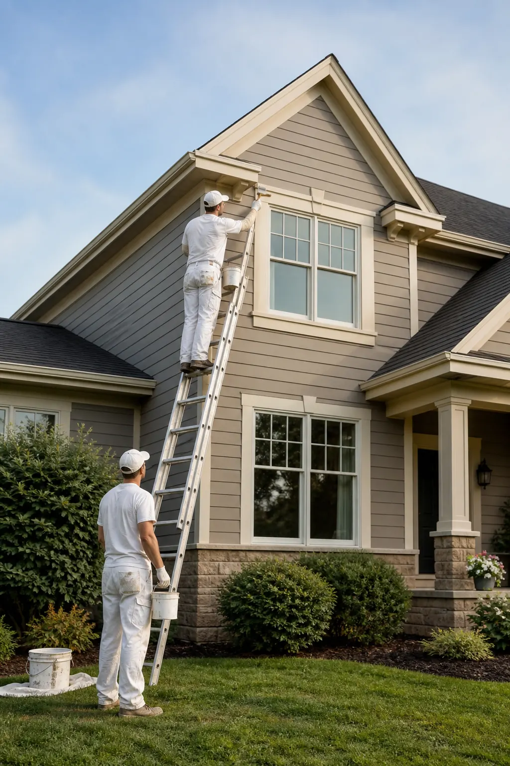 Painting crew on a ladder finishing exterior trim