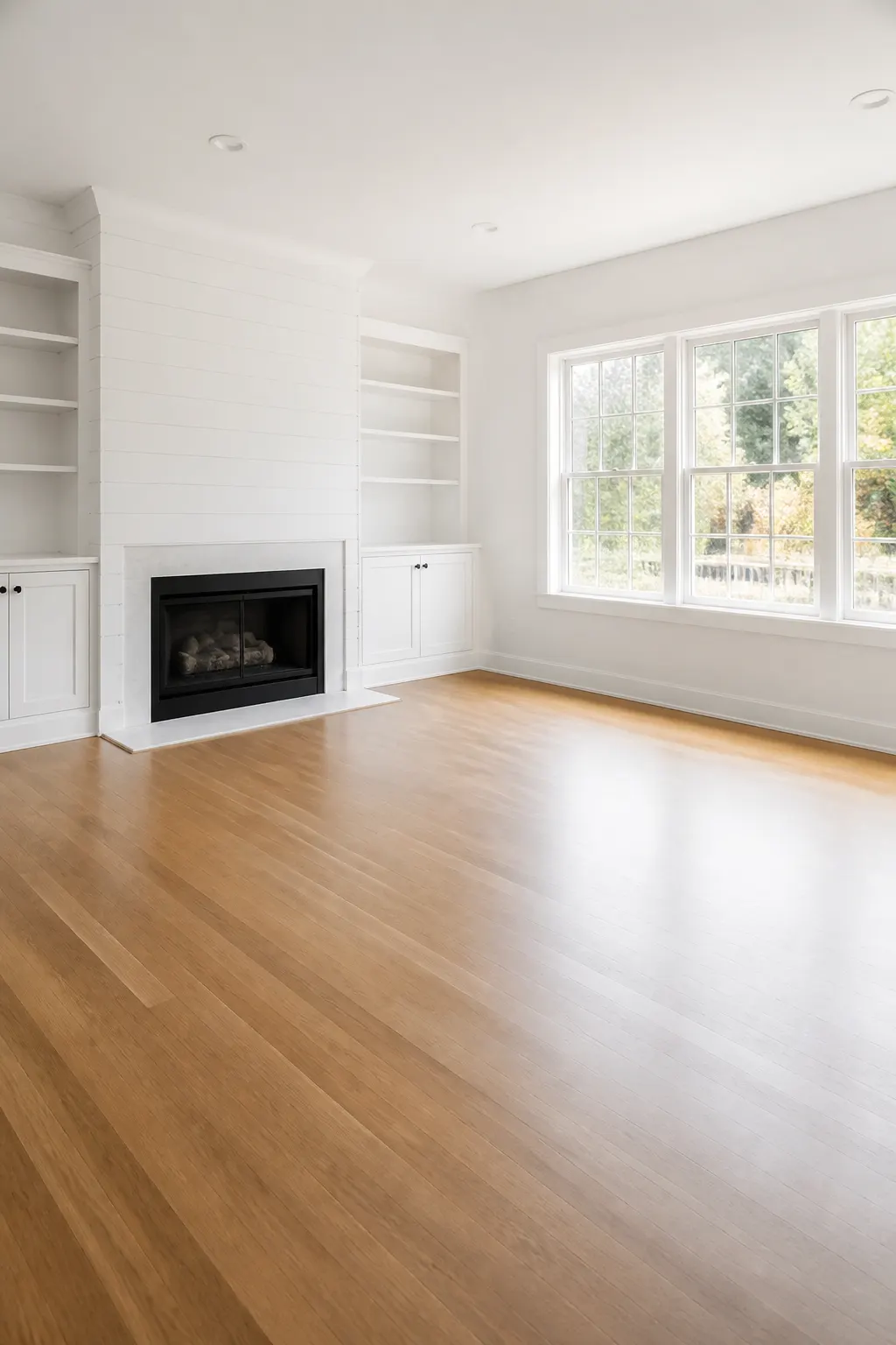 Bright living room with freshly painted white walls and built-ins