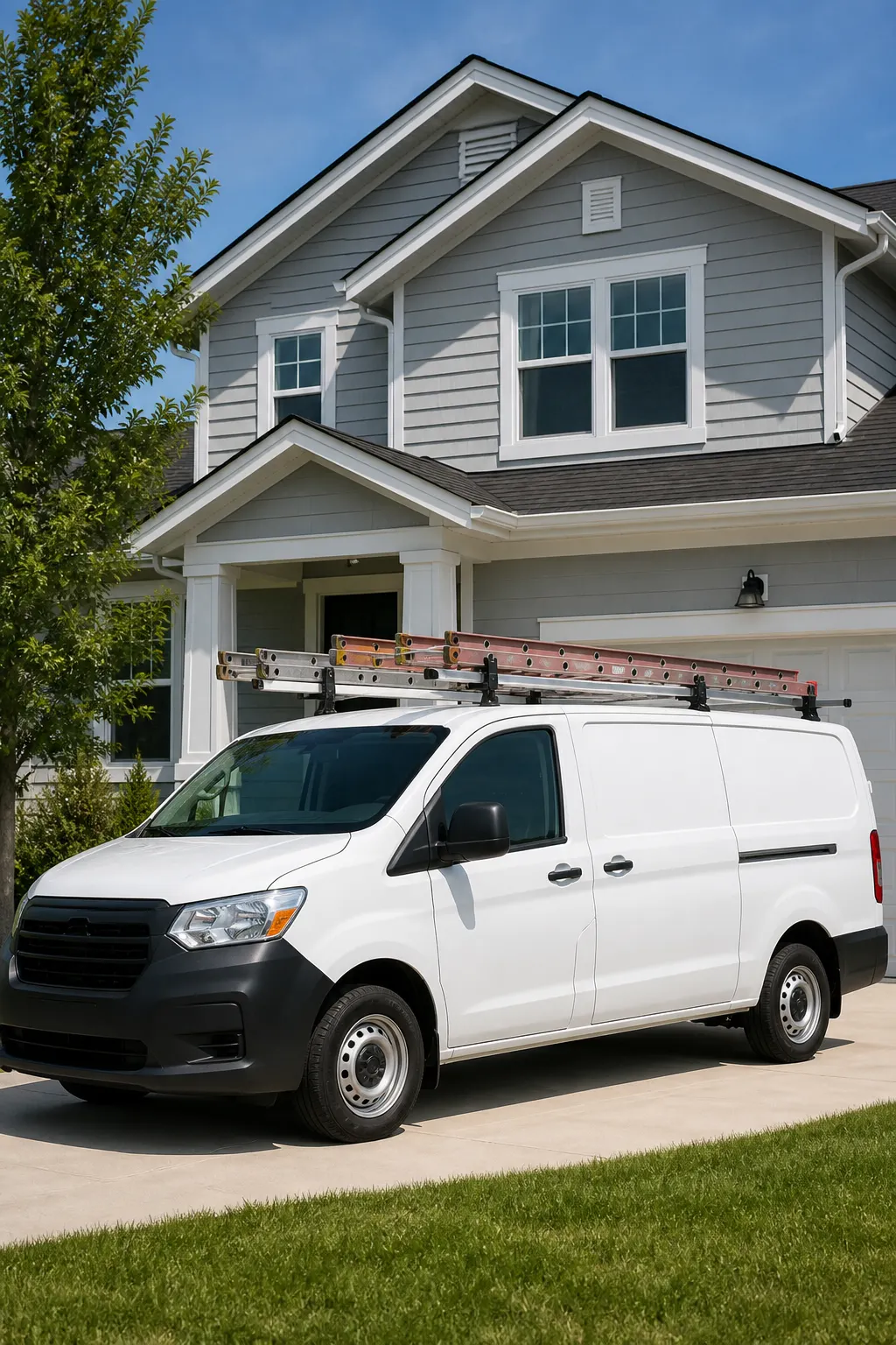 Paint crew van with ladders parked at a client home