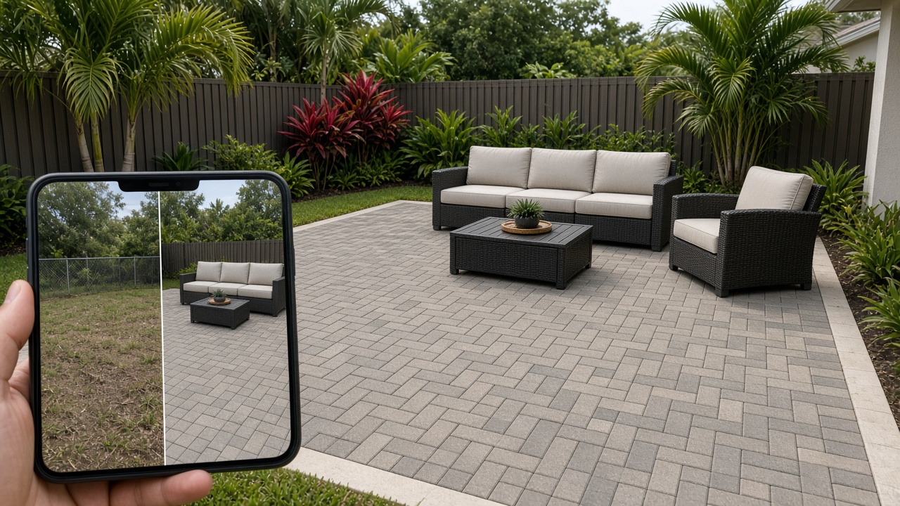 New paver patio while a phone shows the before and after for that address