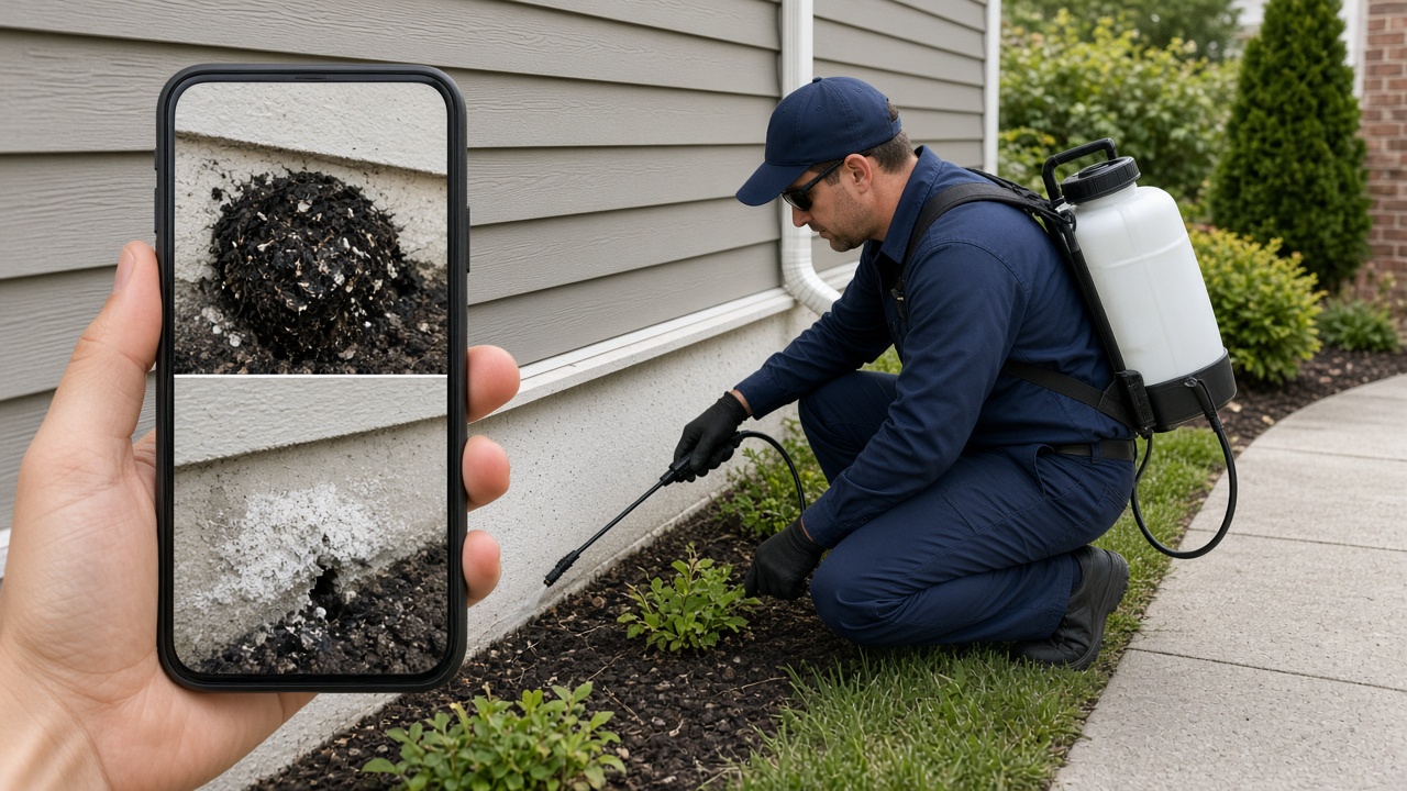 Pest tech treating a home exterior while a phone shows the before and after for that address