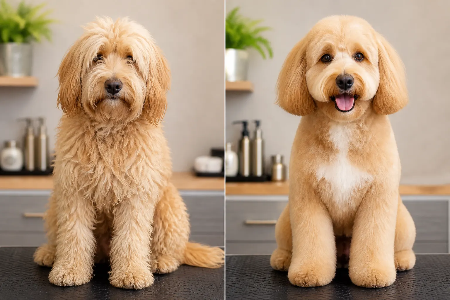 Side-by-side before and after dog grooming transformation