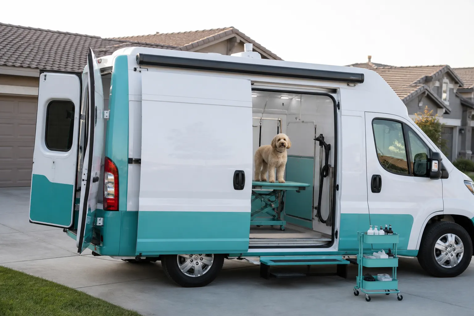 Mobile pet grooming van parked at a suburban driveway