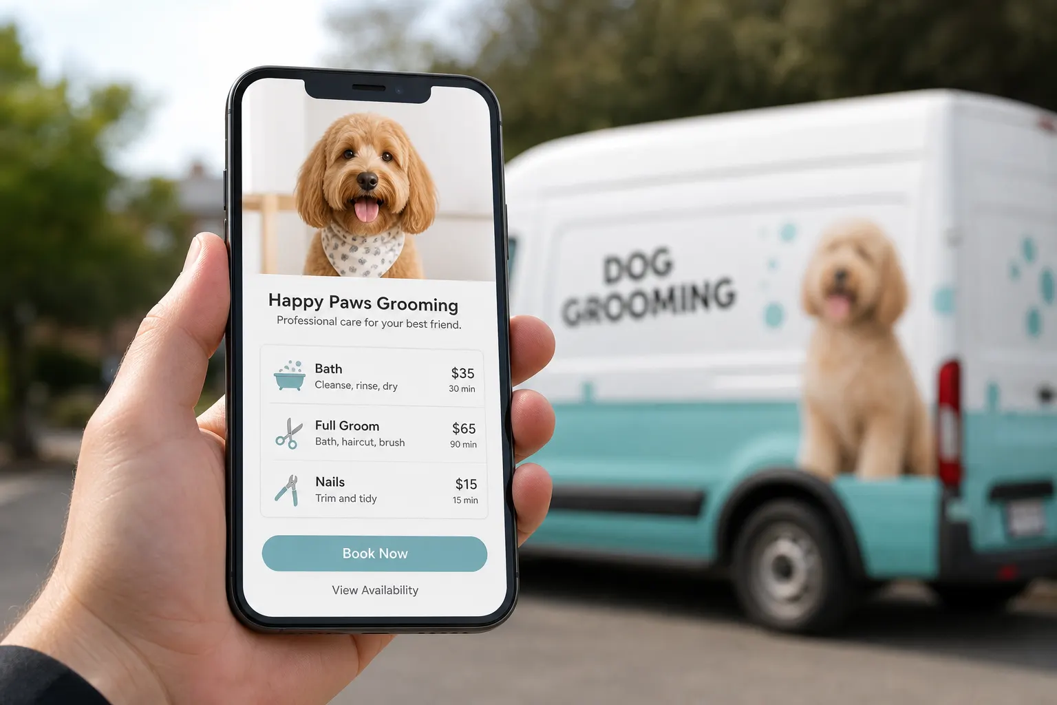 Phone showing a pet grooming visit page with services and photos
