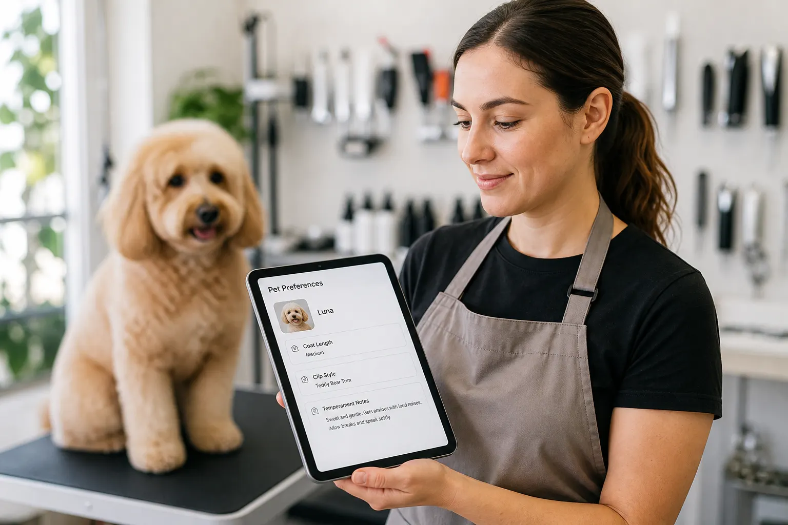 Groomer reviewing pet preferences on a tablet