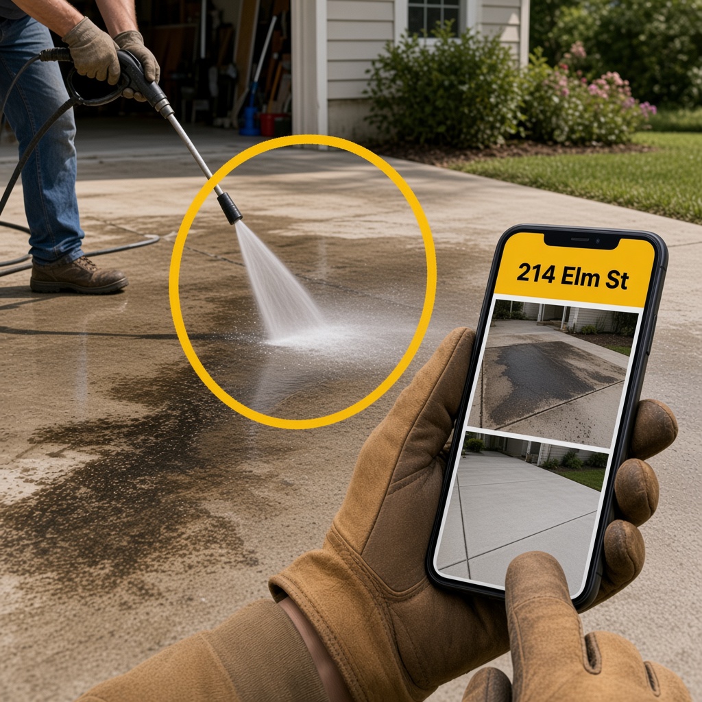 Pressure washing a driveway while a phone shows the before and after for that address