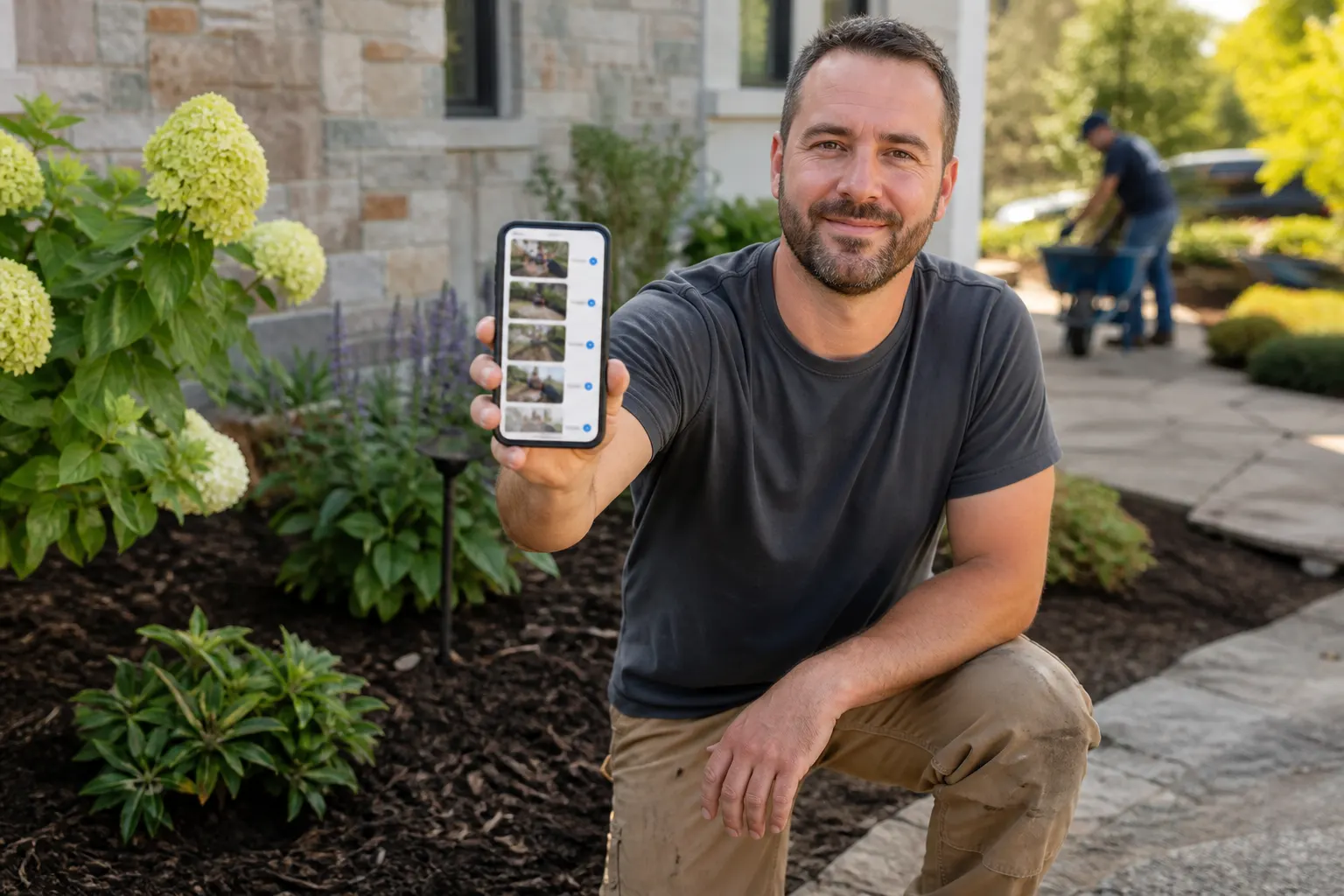 Job progress and photos on a phone at the landscaping site