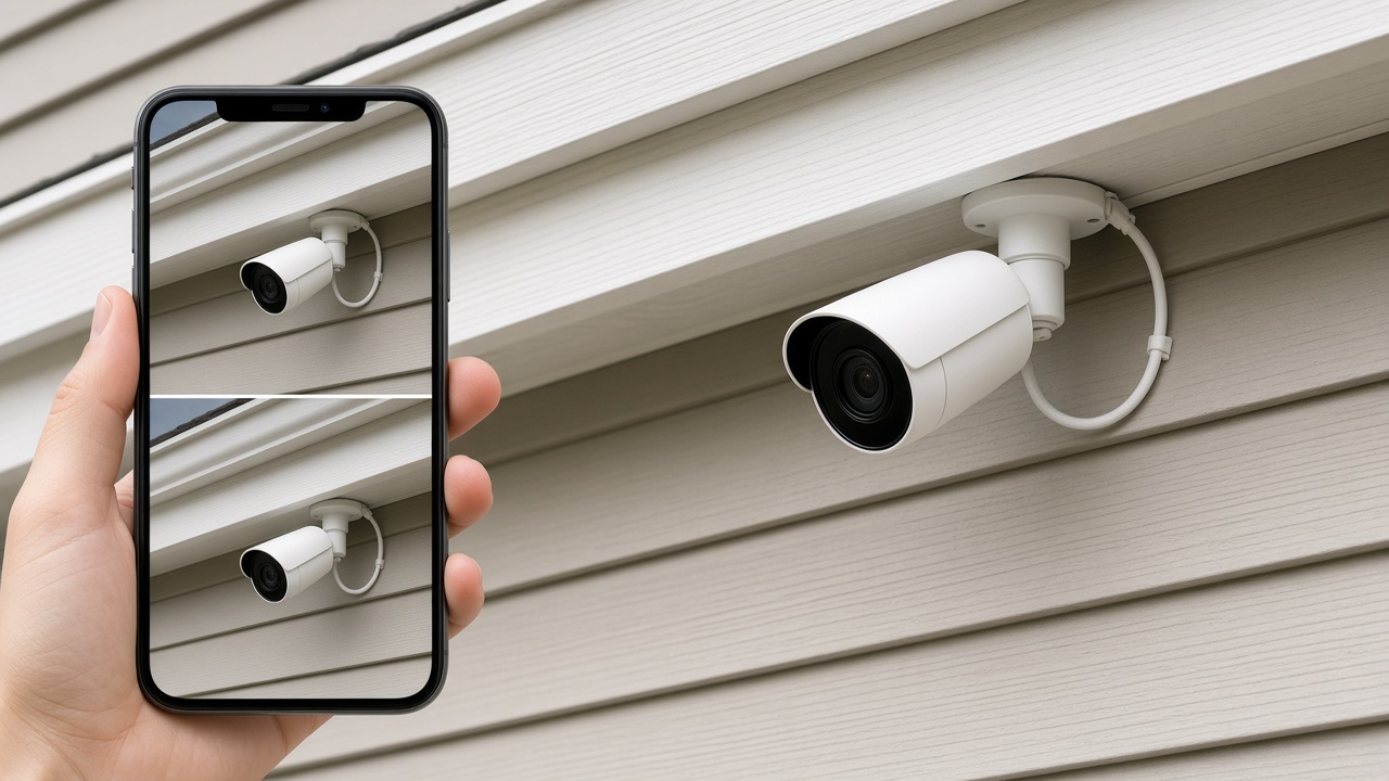 Mounted security camera on a house while a phone shows the before and after for that address