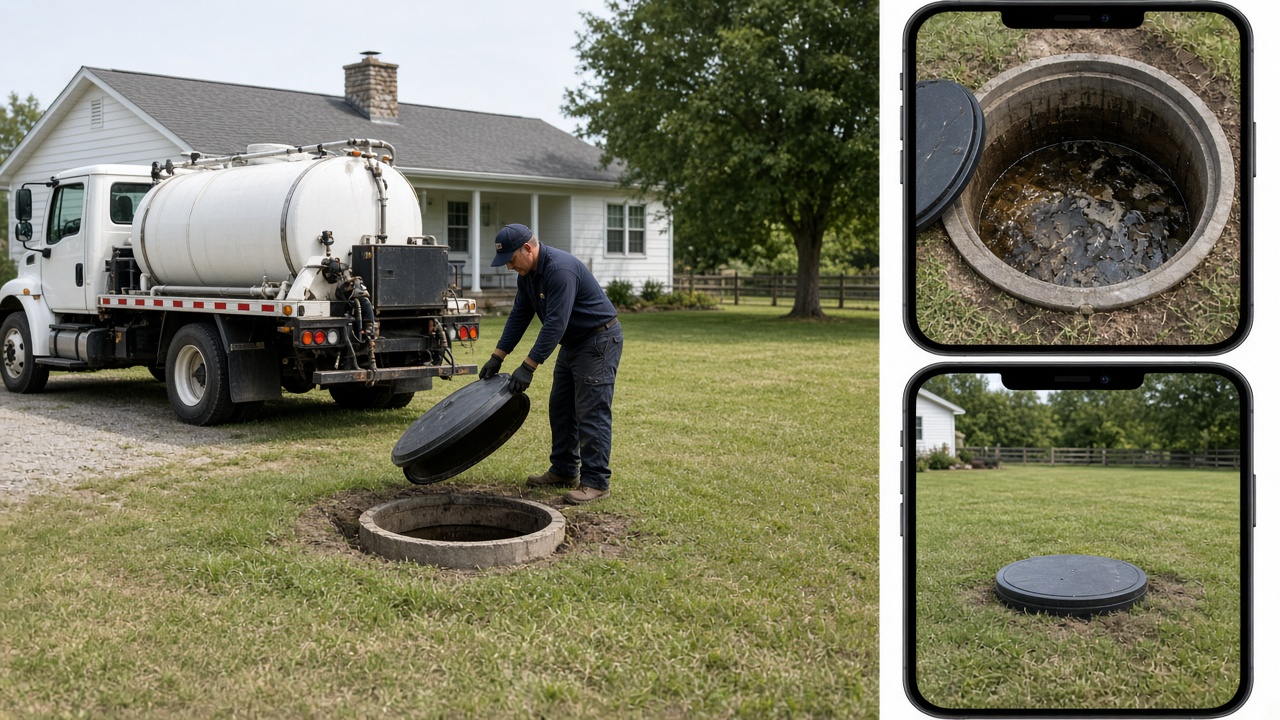 Septic service at a rural home while a phone shows the before and after for that address
