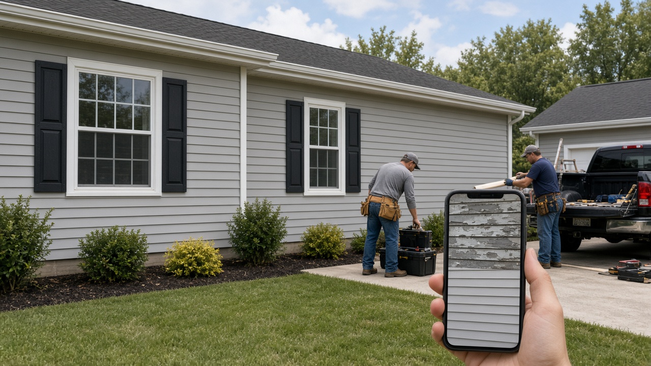 New house siding while a phone shows the before and after for that address