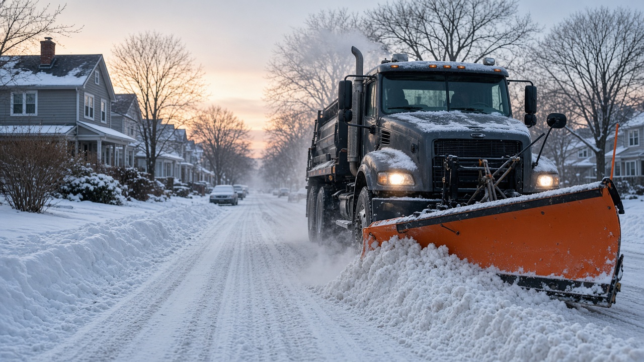 Snow plow truck clearing a residential street