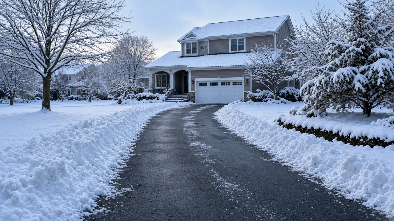 Cleared residential driveway after snow removal