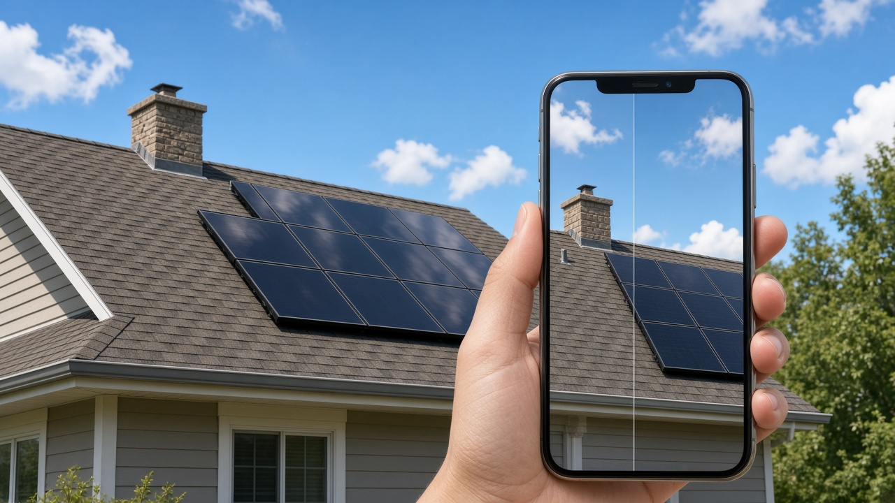 Roof with new solar panels while a phone shows the before and after for that address