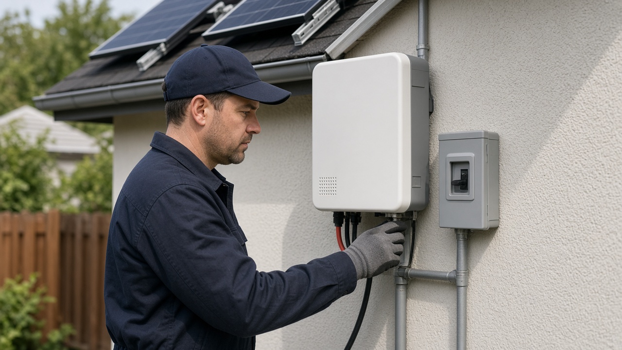 Técnico solar inspeccionando un inversor residencial
