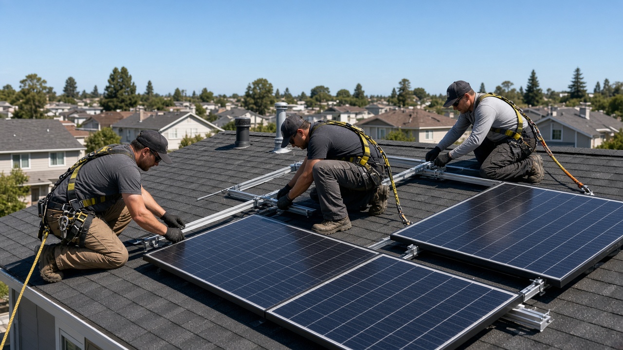 Cuadrilla montando paneles fotovoltaicos en techo