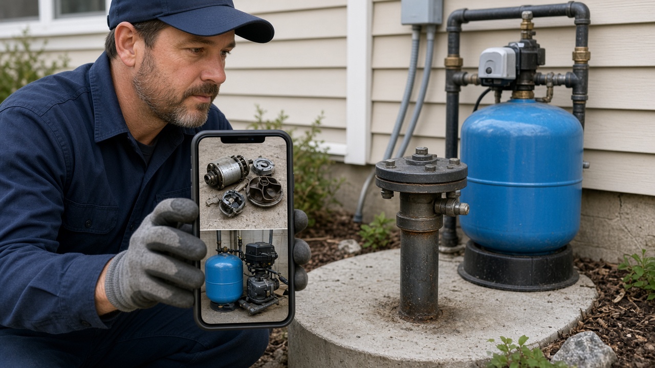 Well pump equipment after service while a phone shows the before and after for that address
