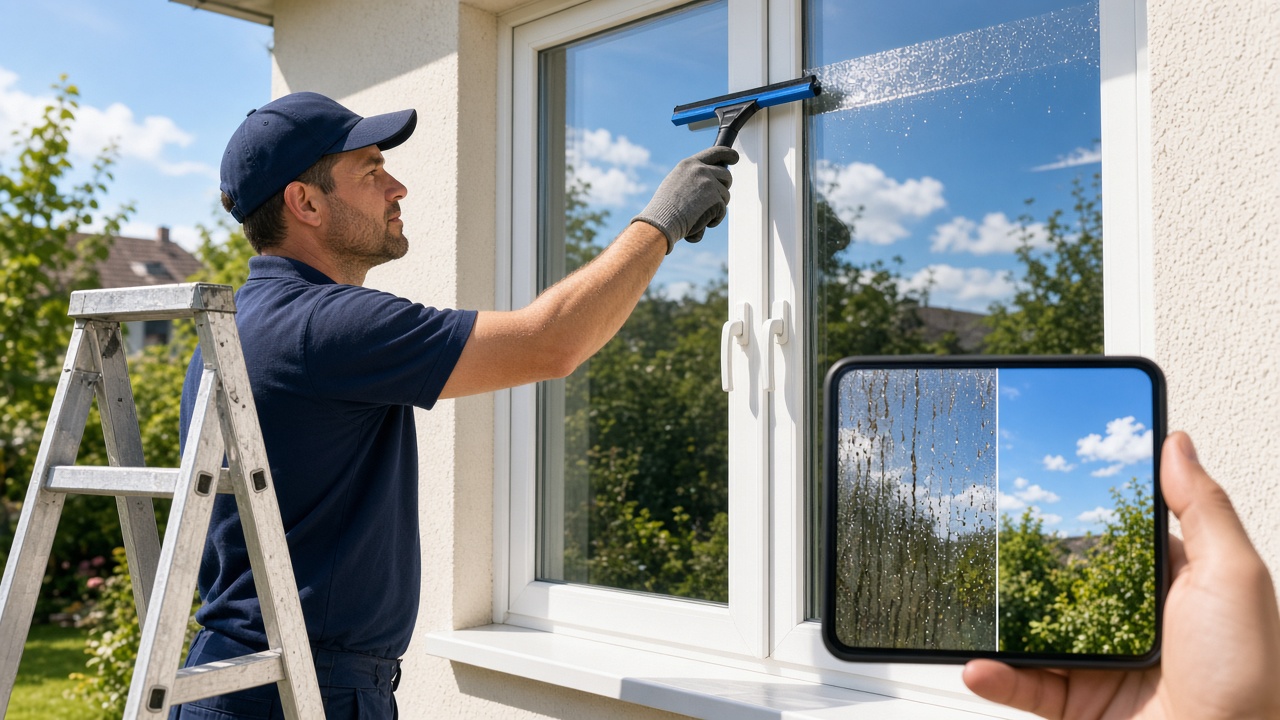 Sparkling clean house windows while a phone shows the before and after for that address