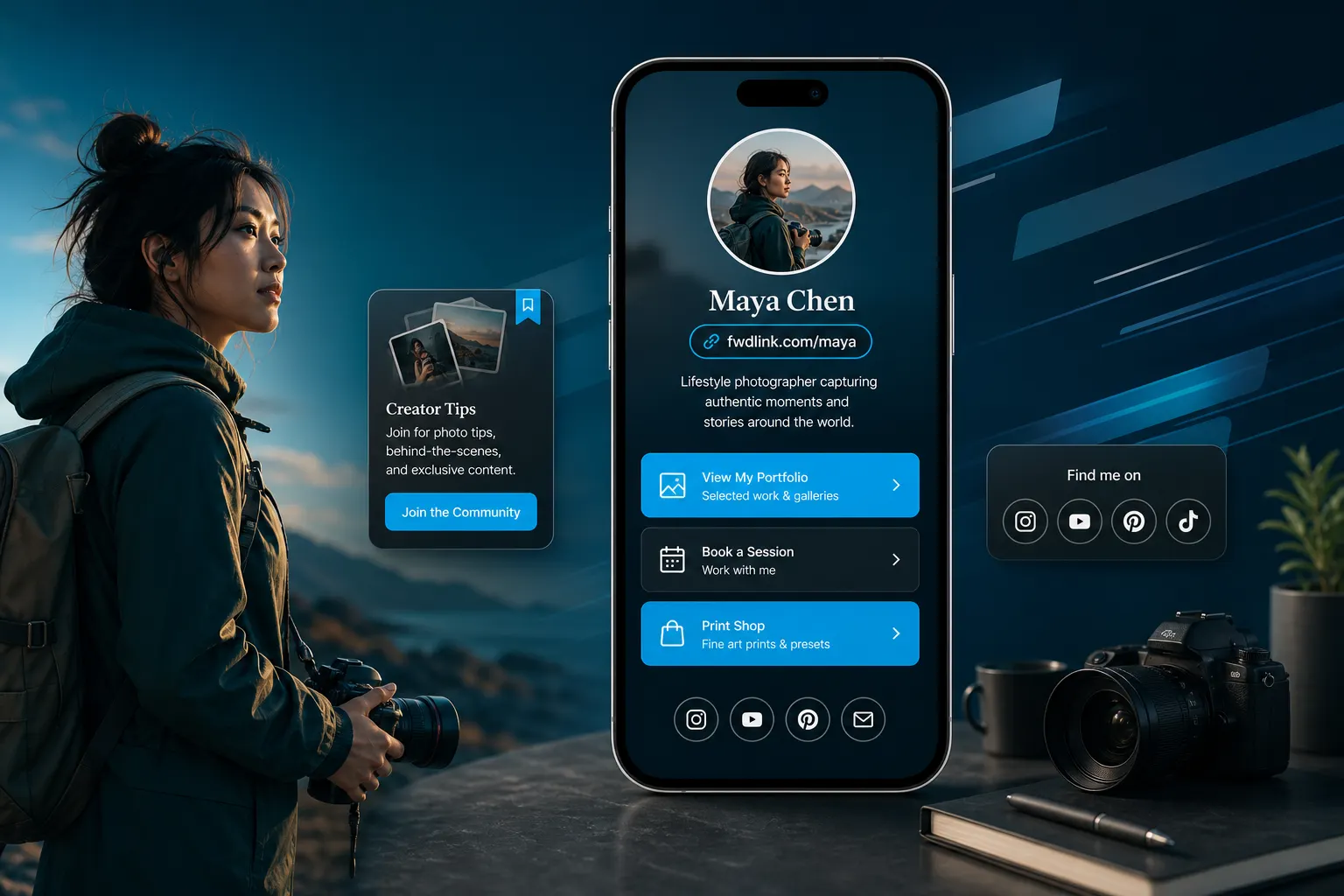 Creator FWDLink with portfolio, client requests, and digital products