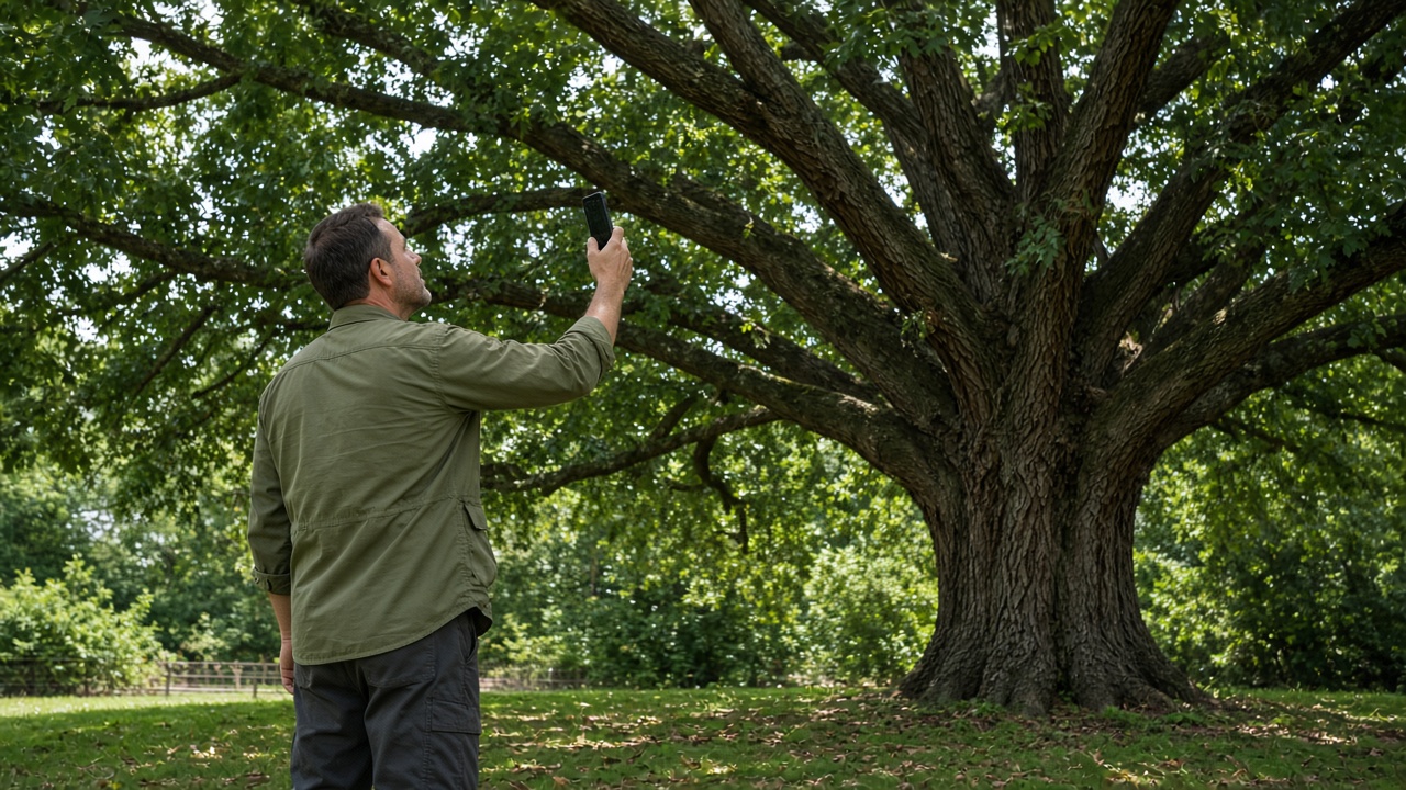 Un arborista fotografiando la copa de un roble grande con un teléfono