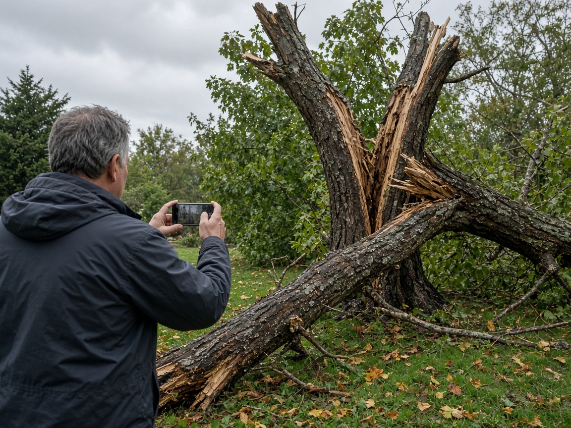 Storm-damaged tree documented after a weather event