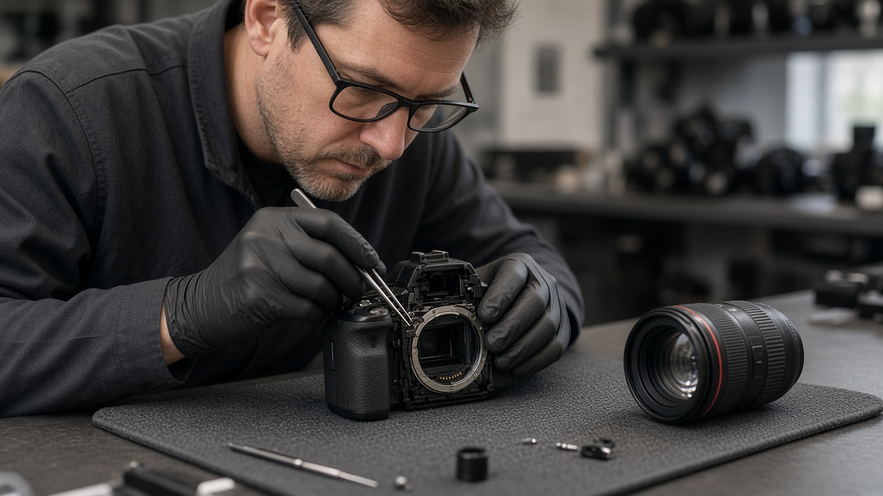 Technician working on a DSLR camera body on a padded workbench