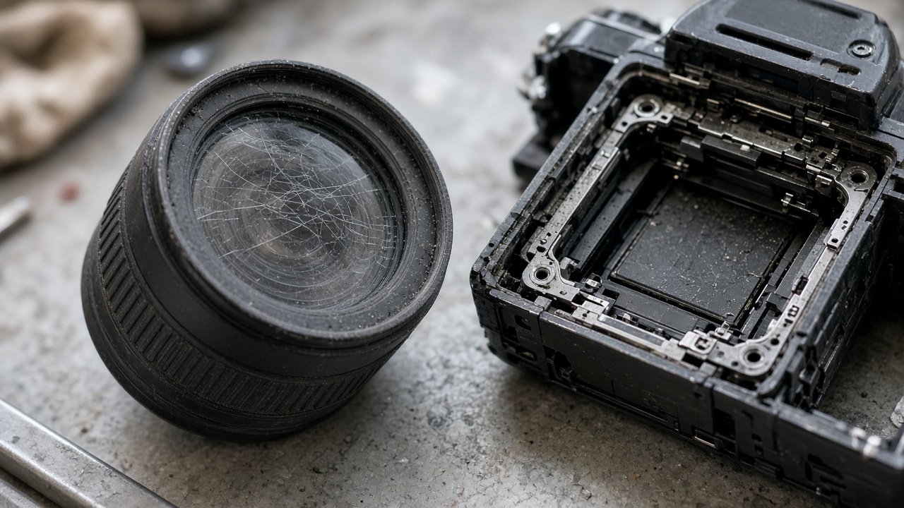 Scratched camera lens and open body documented for a repair estimate