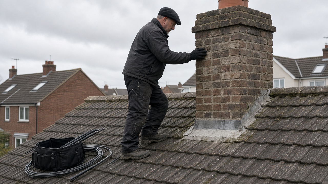 Deshollinador inspeccionando una chimenea de ladrillo en el techo
