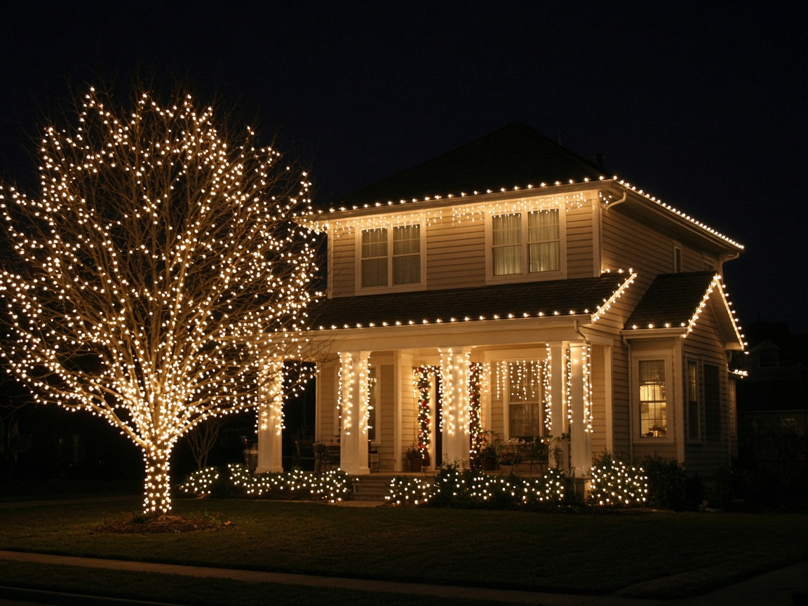 Fachada residencial con luces de Navidad terminadas de noche