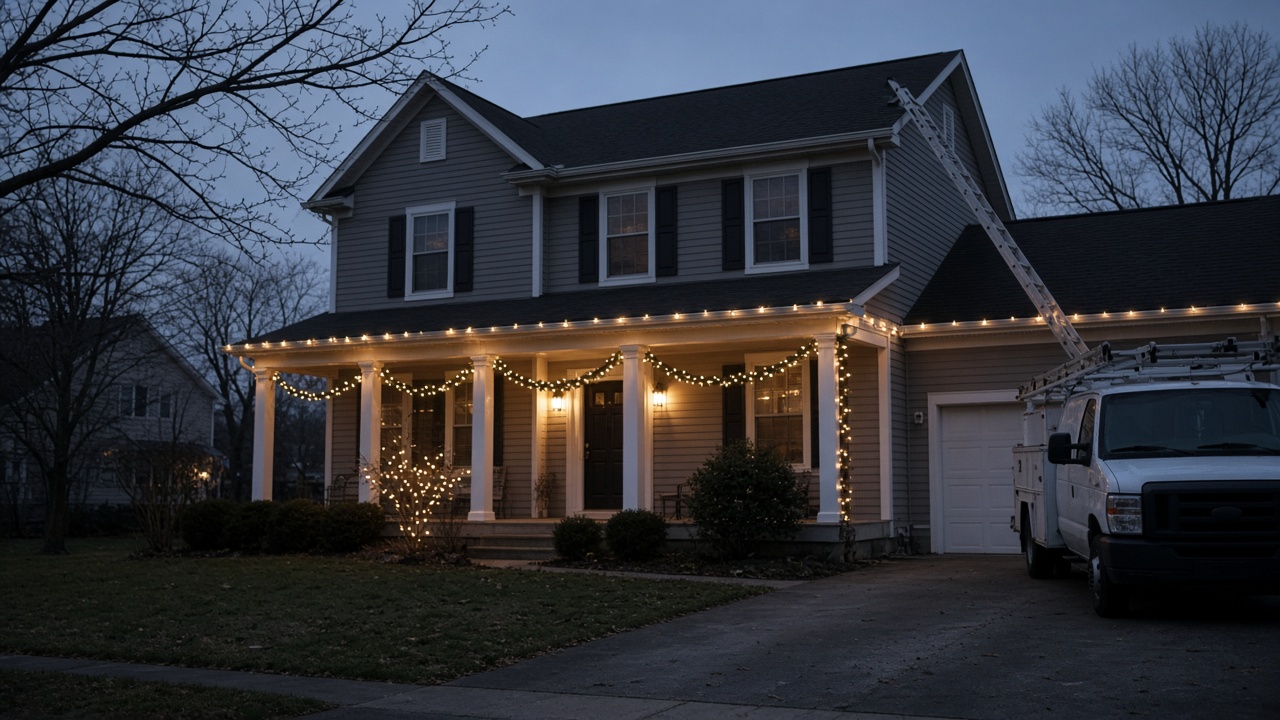 Casa suburbana con luces de Navidad instaladas en la azotea al atardecer