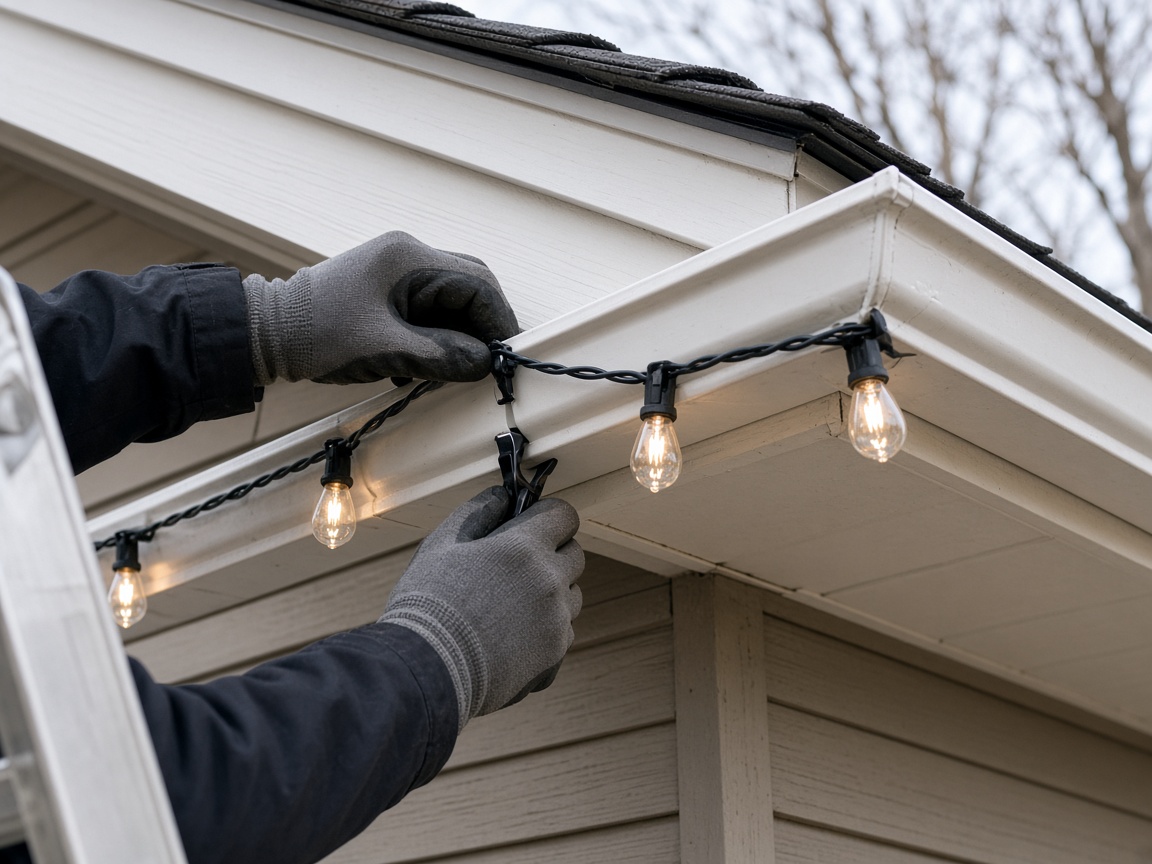 Instalador enganchando focos navideños en la canaleta