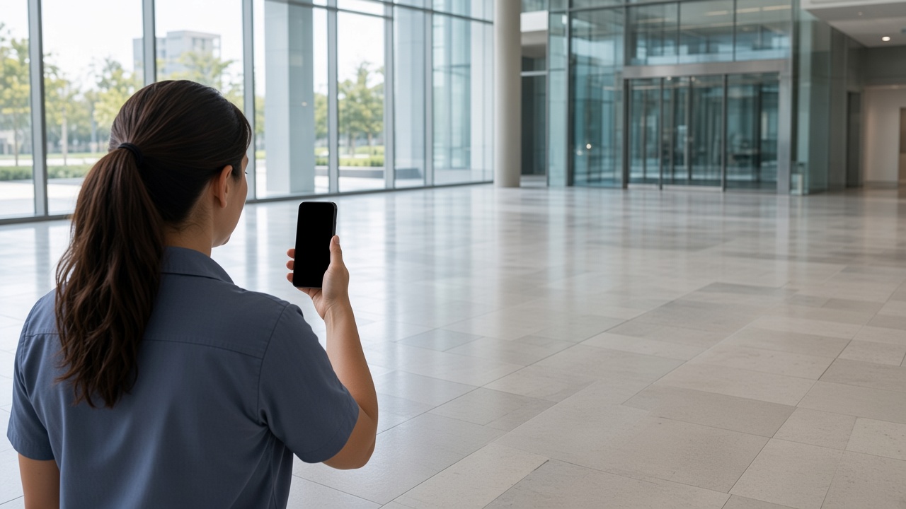 A cleaner photographing a freshly mopped office lobby
