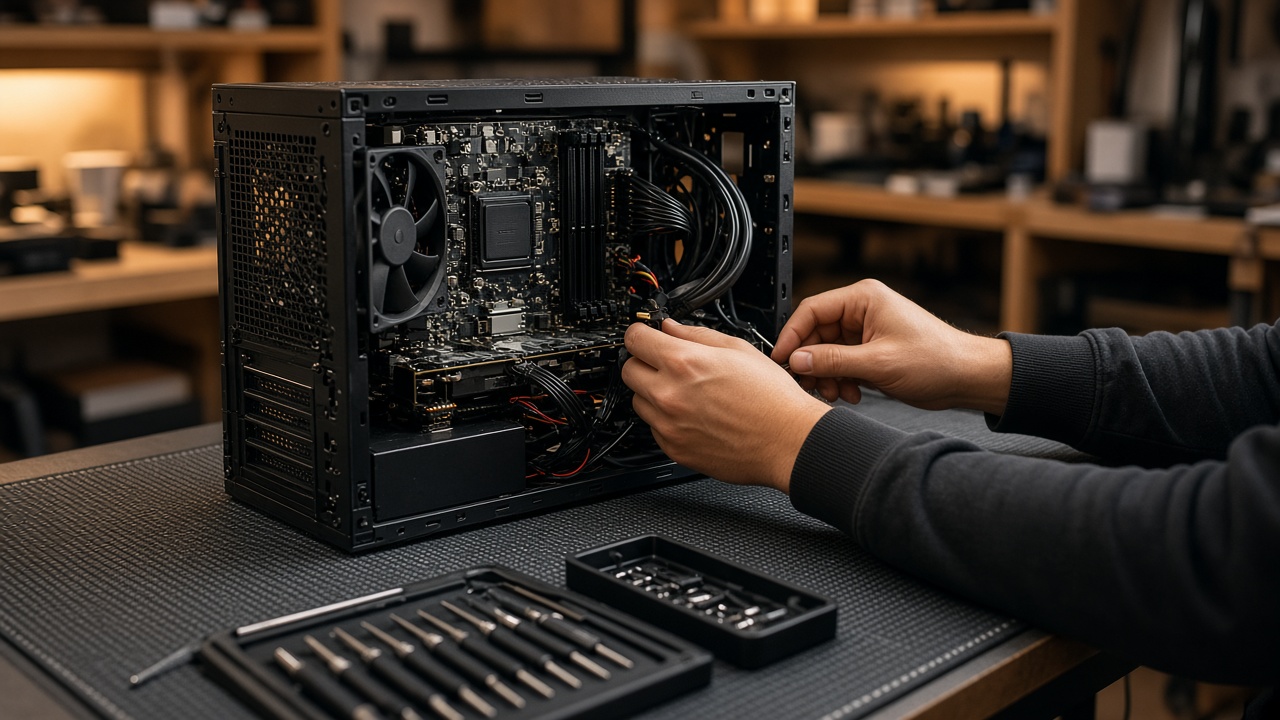 Technician repairing an open desktop PC on a shop workbench