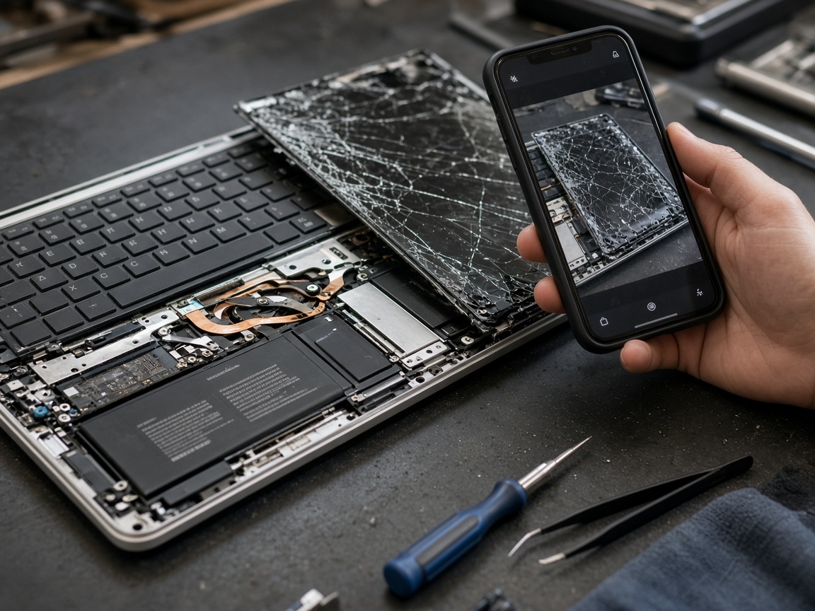Opened laptop on a repair bench with tools and documentation nearby