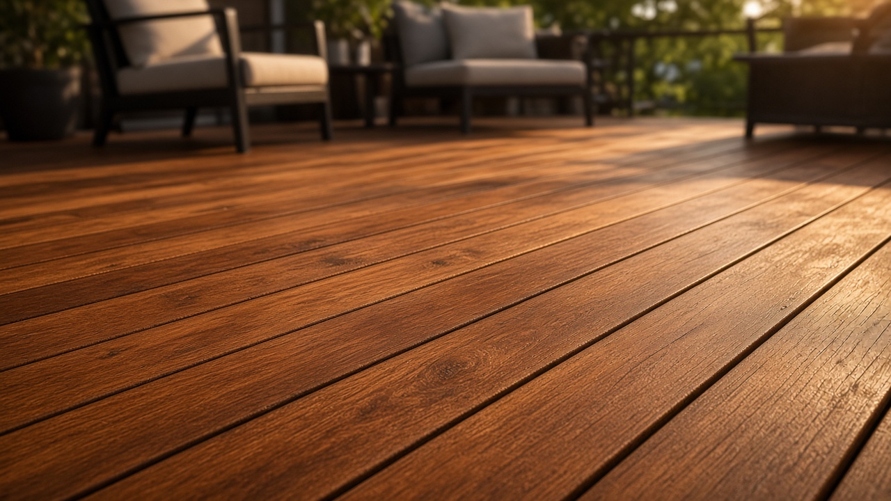 Deck de madera teñido terminado con luz dorada