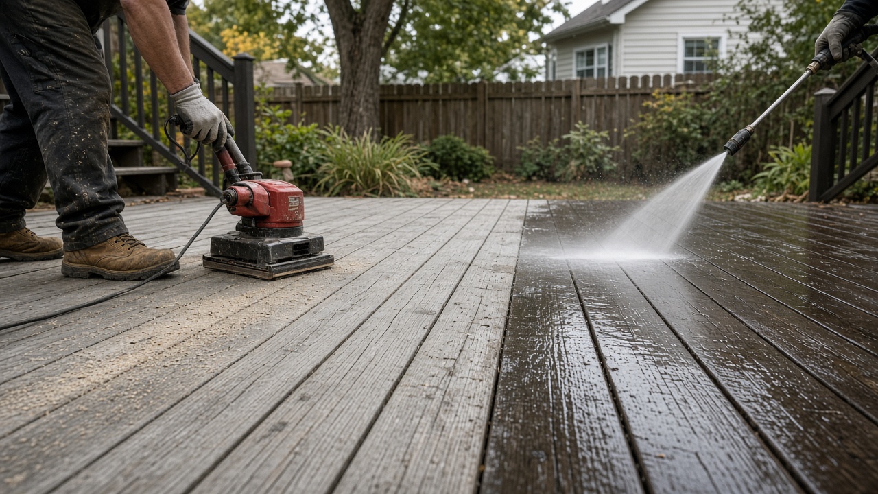 Deck de madera gastado siendo lavado a presión antes de teñir