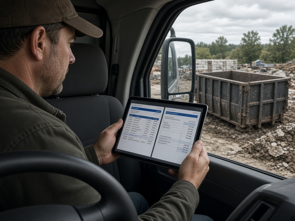 Roll-off dumpster driver reviewing an estimate and invoice on a tablet in the truck cab