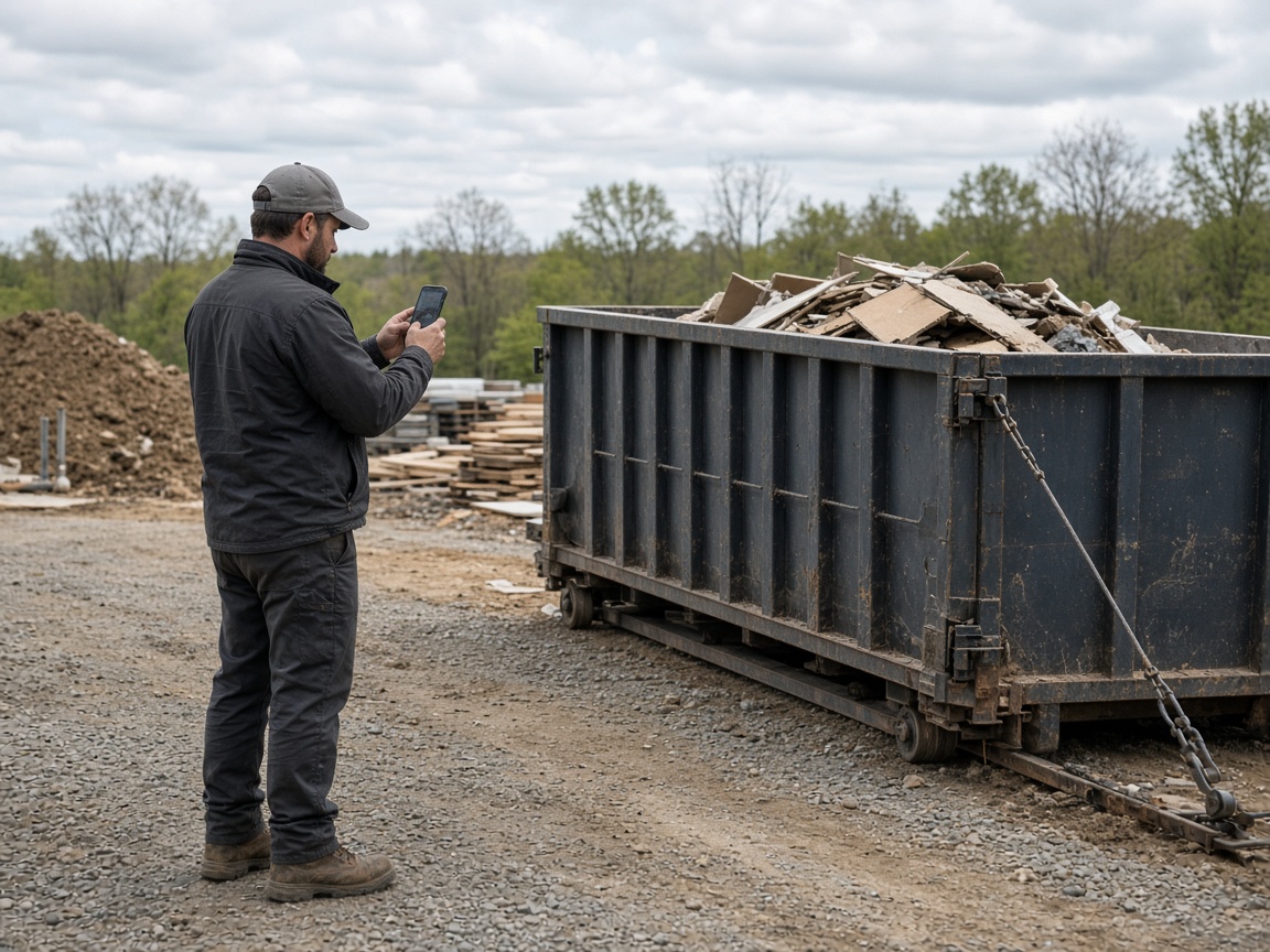 Dumpster rental driver capturing pickup proof photos beside a roll-off container