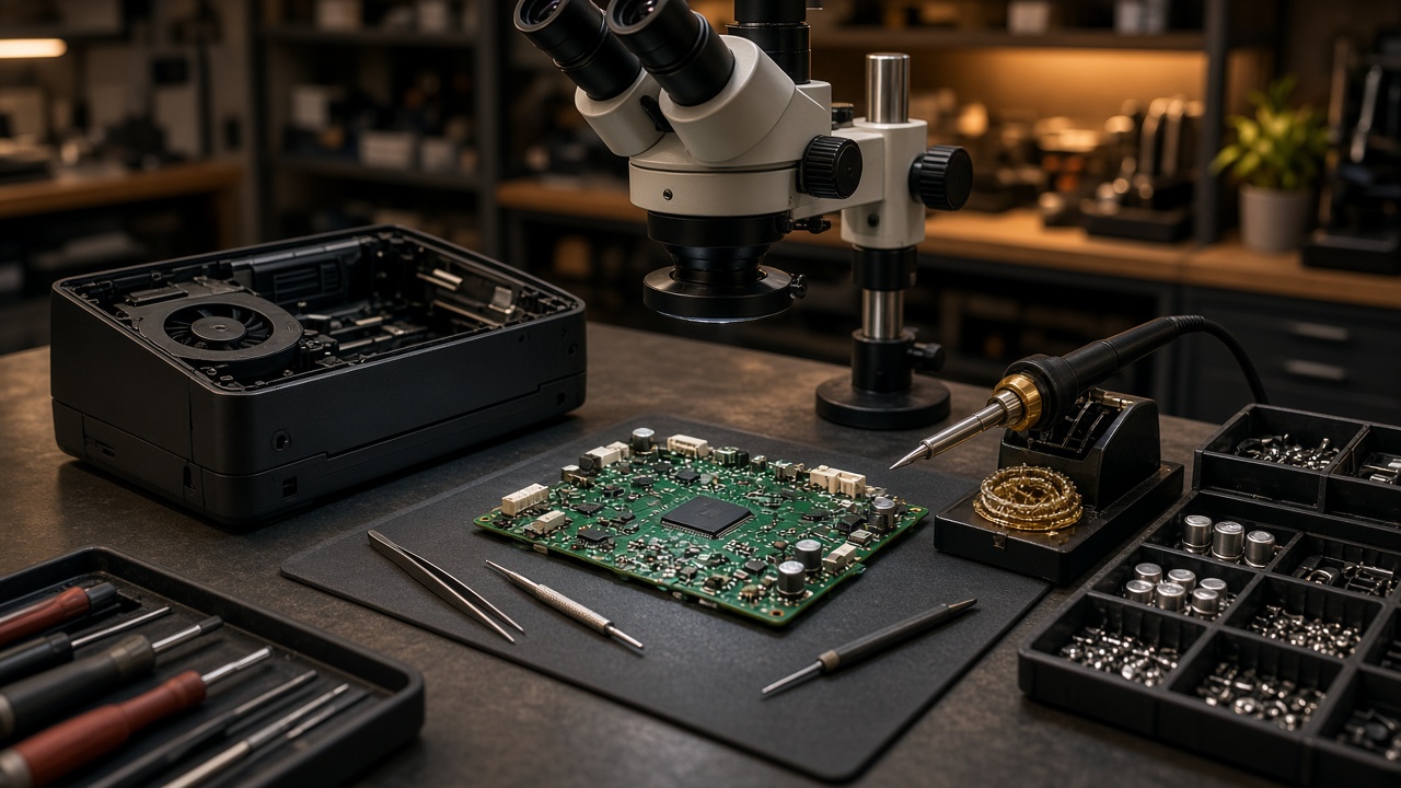 Electronics repair bench with a circuit board under magnification