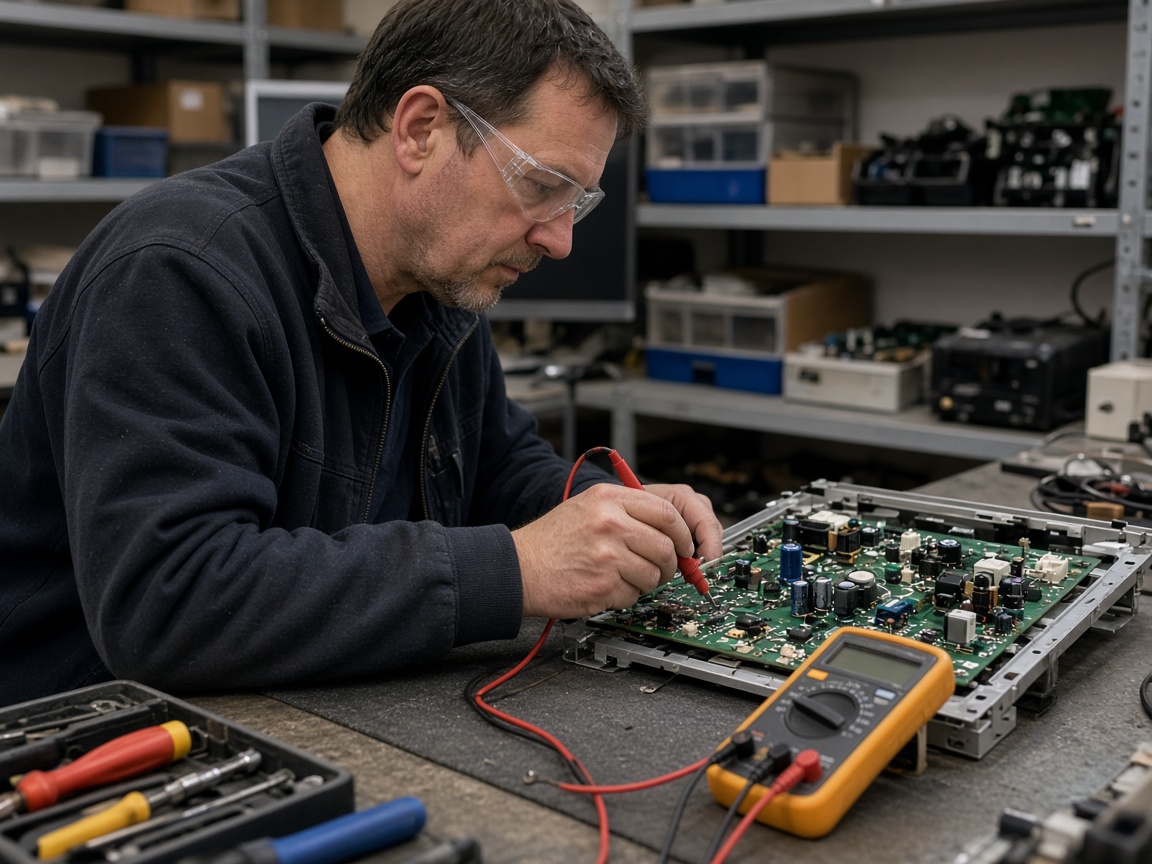 Technician testing electronics on a repair shop bench with a multimeter