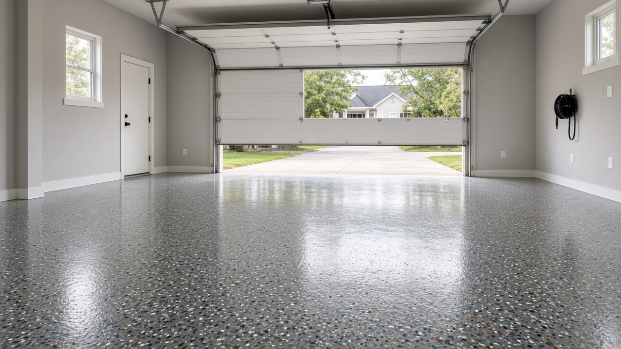 Garage con epoxi flake terminado y puerta abierta