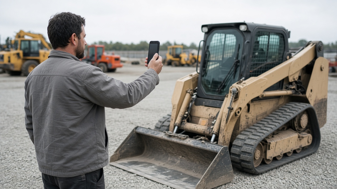 Un encargado de patio fotografiando un cargador de orugas compacto con un teléfono