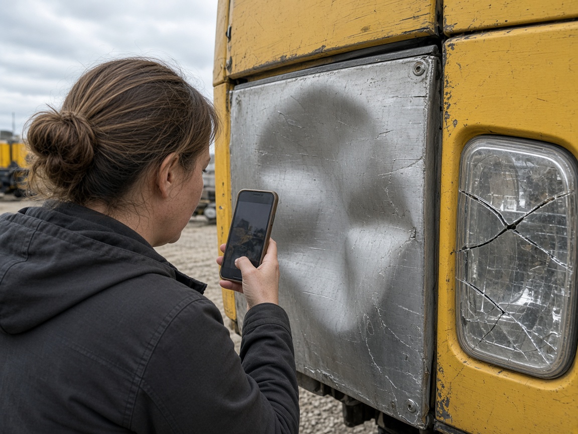 Una mujer fotografiando un panel rayado y una luz rota en un equipo de renta