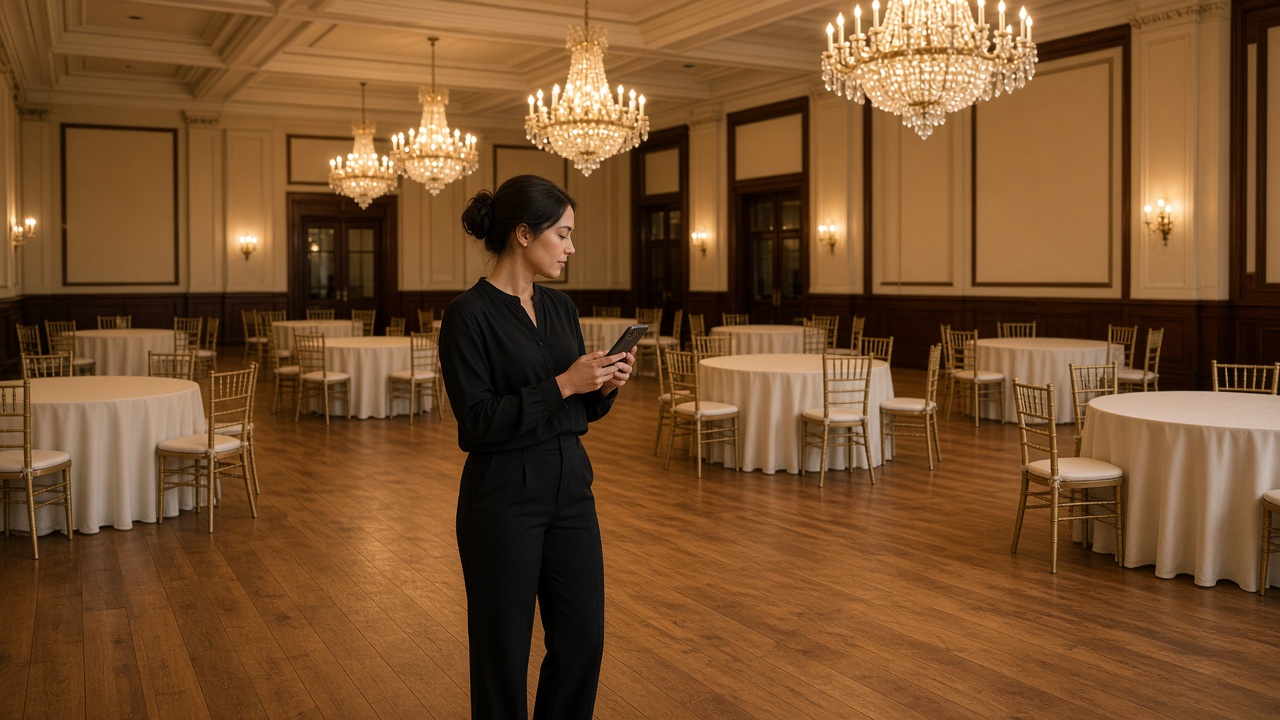 An event coordinator photographing an empty ballroom before an event with a phone