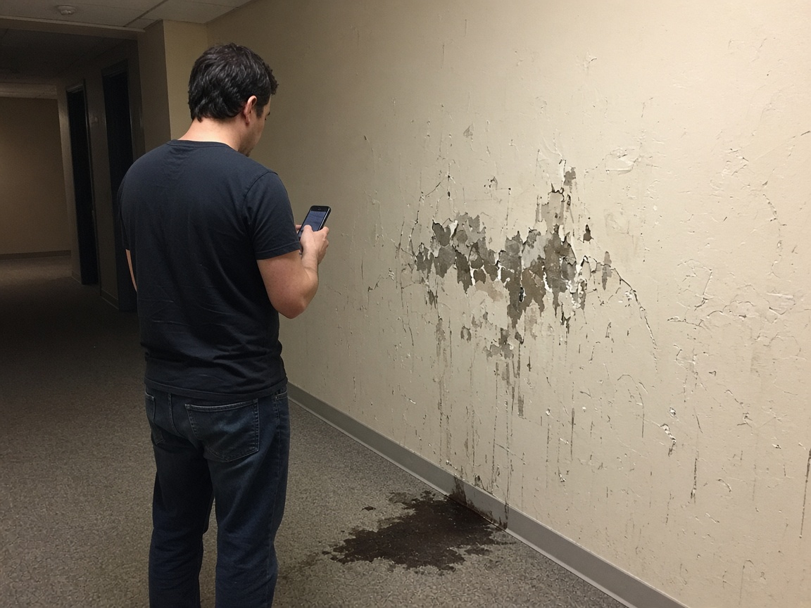 A person photographing a scuffed wall and a stained carpet in a venue hallway
