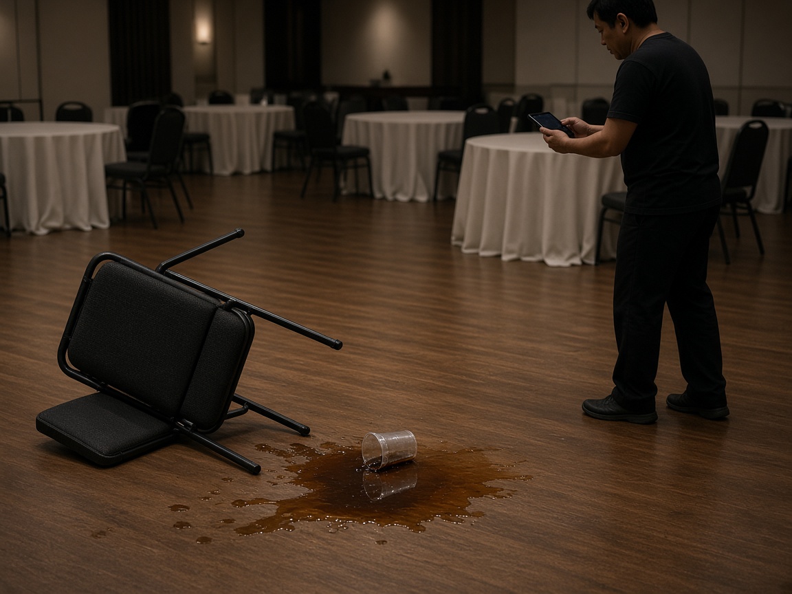 A staff member photographing a tipped chair and a spill on a ballroom floor