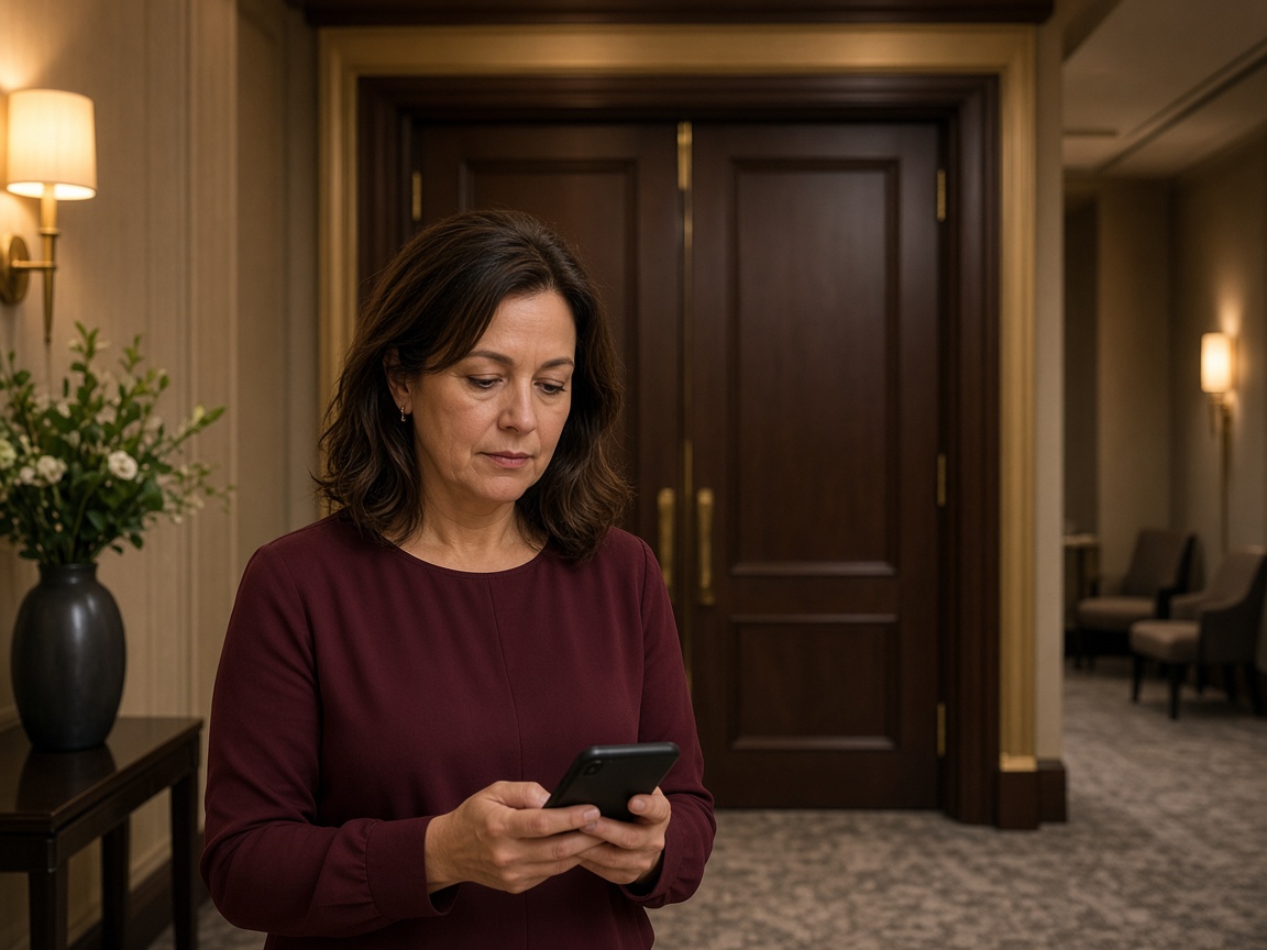 A venue manager in a quiet lobby holding a phone after an event