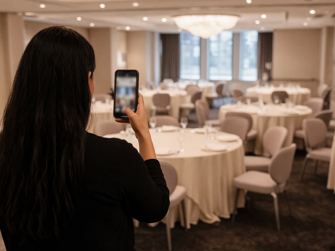 A person photographing a banquet room with set tables and plain linens