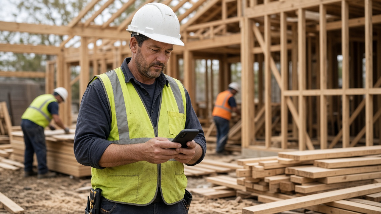 Foreman on a residential jobsite reviewing tasks on a phone