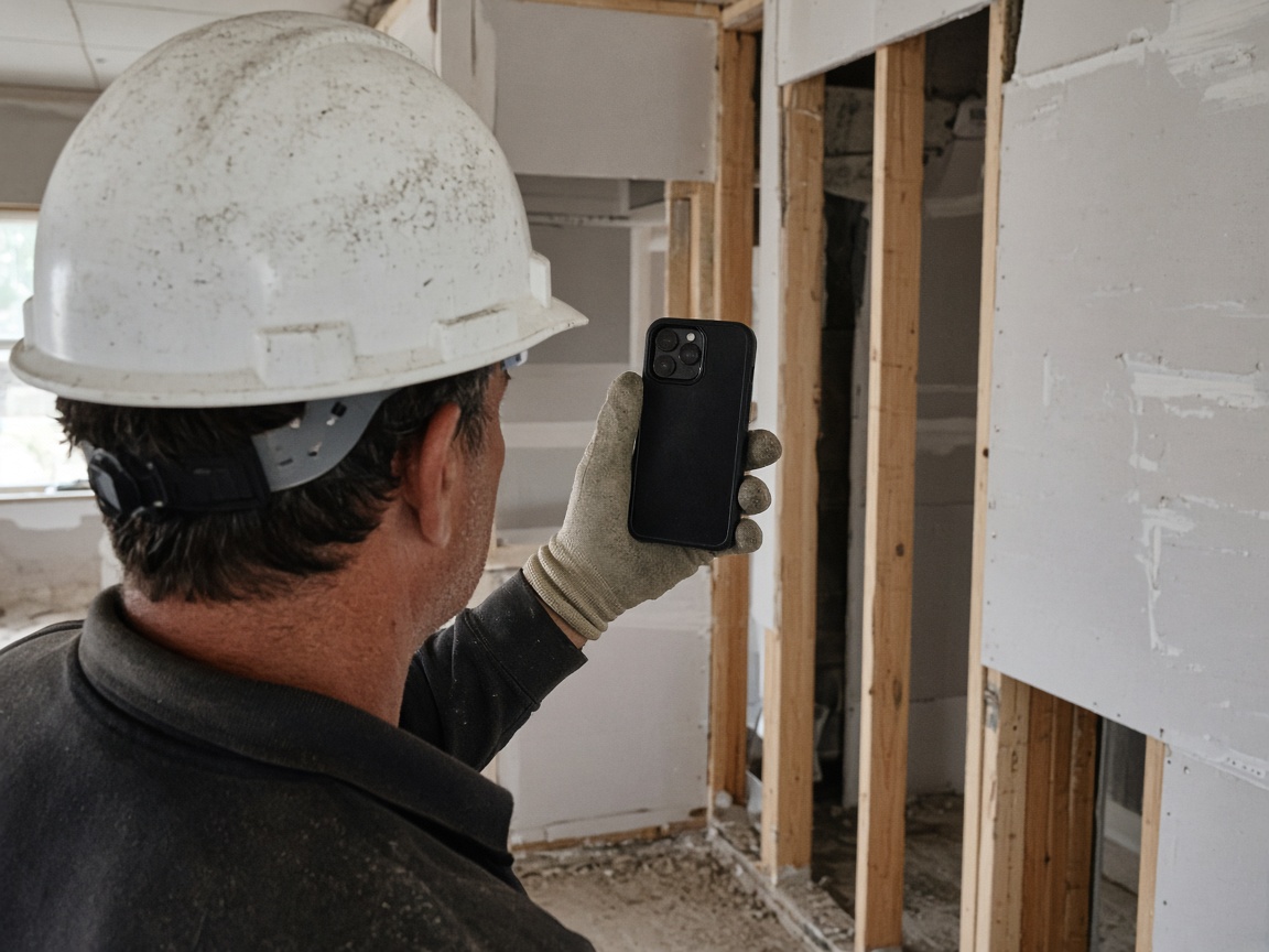 Crew leader photographing drywall conditions for a daily field report
