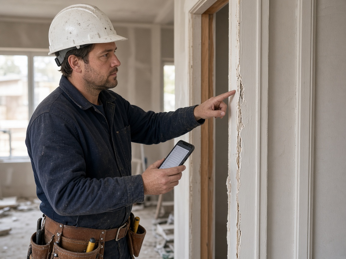 Site supervisor checking a punch-list item on unfinished door trim